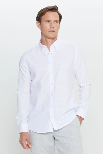 Erkak Oq Slim Fit Tor Kesimli Tugmali Yoqali Chiziqli Flamli Ko'ylak - 4