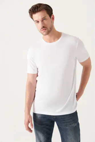 Erkak Oq Ultra Soft Velosiped Yoqali Paxtali Slim Fit Tor Kesimli Futbolka E001171-Oq - 4