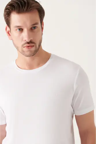 Erkak Oq Ultra Soft Velosiped Yoqali Paxtali Slim Fit Tor Kesimli Futbolka E001171-Oq - 5