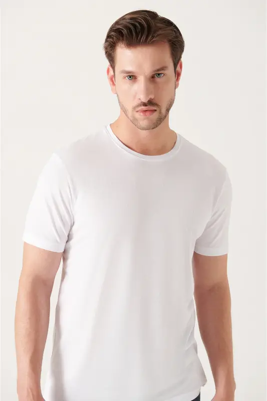 Erkak Oq Ultra Soft Velosiped Yoqali Paxtali Slim Fit Tor Kesimli Futbolka E001171-Oq - 6