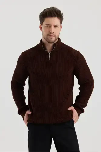 Erkak Oversize Fermuarli Balıkçı Triko Kozak-JIGARRANG - COOL TARZ (1)