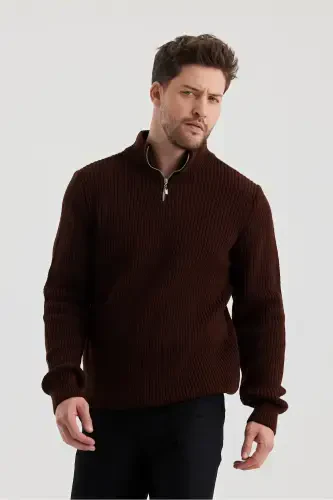 Erkak Oversize Fermuarli Balıkçı Triko Kozak-JIGARRANG - 4