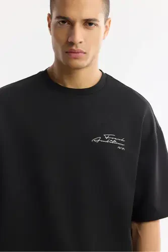 Erkak Oversize Fit Qora Velosiped Yoqali Paxtalik 2 Ip T-Shirt A51Y1095 - AVVA (1)