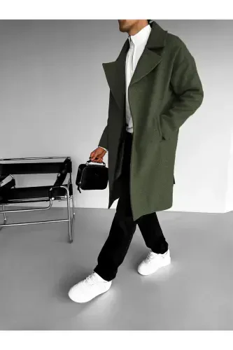 Erkak Oversize Kaşmir Palto Xaki-Xaki - 3