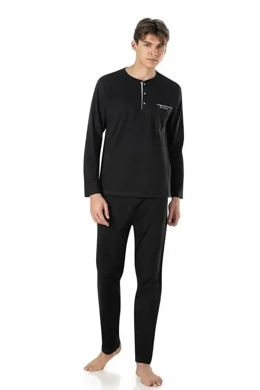 Erkak Penye Qora Uzunqol & Qisqaqol Shortli Pijama Va Robdöshambr 5'li Sep Seti-Qora - 2