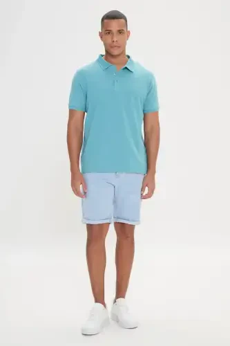 Erkak Petrol %100 Paxta Bukilmaydigan Pike Polo Yoqali Slim Fit Tor Kesimli Futbolka - 4