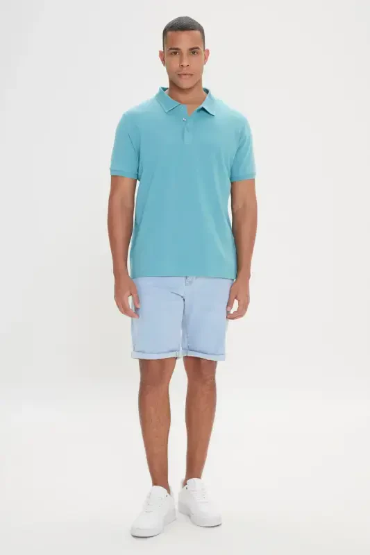 Erkak Petrol %100 Paxta Bukilmaydigan Pike Polo Yoqali Slim Fit Tor Kesimli Futbolka - 4