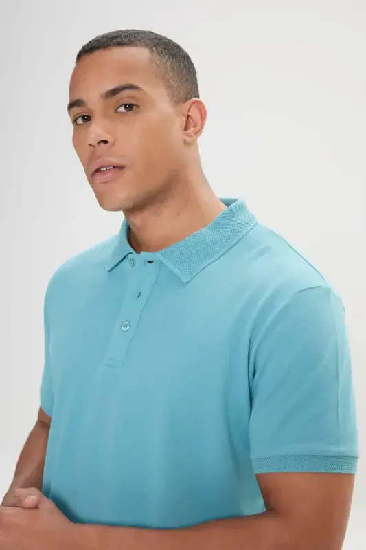 Erkak Petrol %100 Paxta Bukilmaydigan Pike Polo Yoqali Slim Fit Tor Kesimli Futbolka - 6