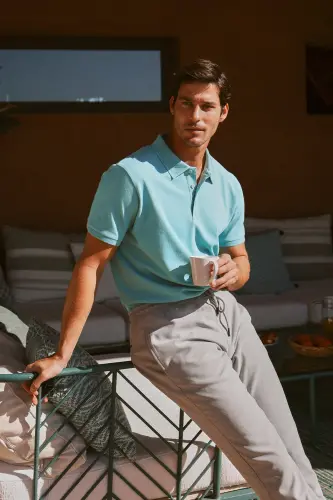 Erkak Petrol %100 Paxta Bukilmaydigan Pike Polo Yoqali Slim Fit Tor Kesimli Futbolka 