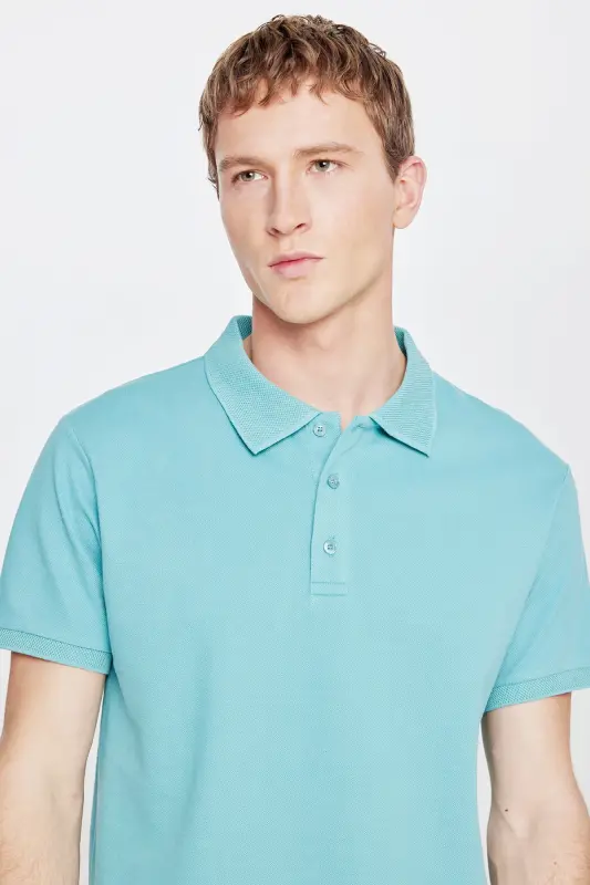 Erkak Petrol %100 Paxta Bukilmaydigan Pike Polo Yoqali Slim Fit Tor Kesimli Futbolka - 7