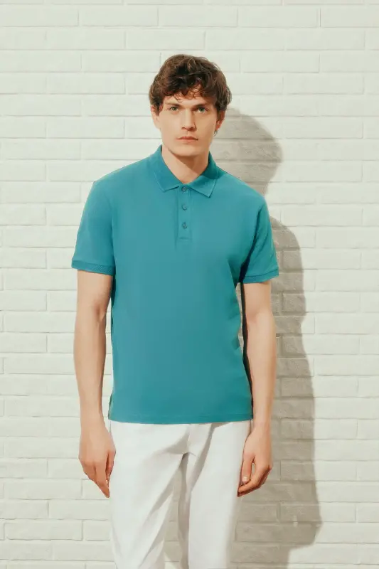 Erkak Petrol %100 Paxta Bukilmaydigan Pike Polo Yoqali Slim Fit Tor Kesimli Futbolka - 4