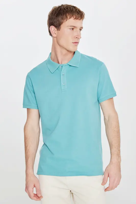 Erkak Petrol %100 Paxta Bukilmaydigan Pike Polo Yoqali Slim Fit Tor Kesimli Futbolka - 5