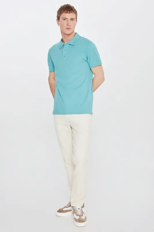 Erkak Petrol %100 Paxta Bukilmaydigan Pike Polo Yoqali Slim Fit Tor Kesimli Futbolka - 6