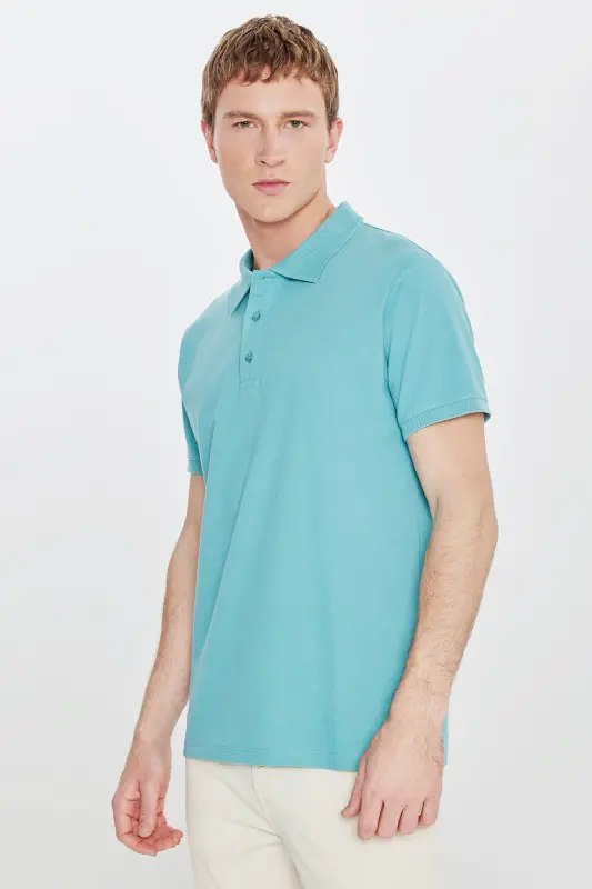 Erkak Petrol %100 Paxta Bukilmaydigan Pike Polo Yoqali Slim Fit Tor Kesimli Futbolka - 8