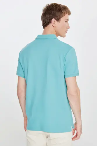 Erkak Petrol %100 Paxta Bukilmaydigan Pike Polo Yoqali Slim Fit Tor Kesimli Futbolka - 10