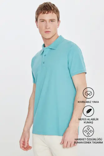 Erkak Petrol %100 Paxta Bukilmaydigan Pike Polo Yoqali Slim Fit Tor Kesimli Futbolka - 2