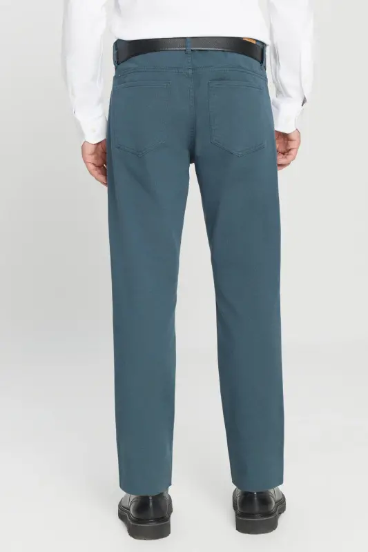 Erkak Petrol Slim Fit Tor kesimli 5 cho'ntakli paxta kanvasli elastik Chino shim-Petrol - 8