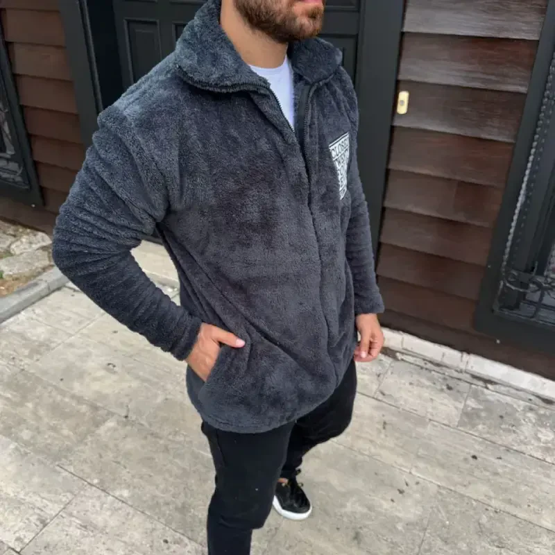 Erkak Polar Fermuarlı Sweatshirt – Kapüşonsiz, Cho'ntakli, Yumshoq To'qimali, Katta O'lchamli Qulay Qolib, Qishki Issiq Saqlaydigan Fermuarlı Ust - Tutun Rangi - 3