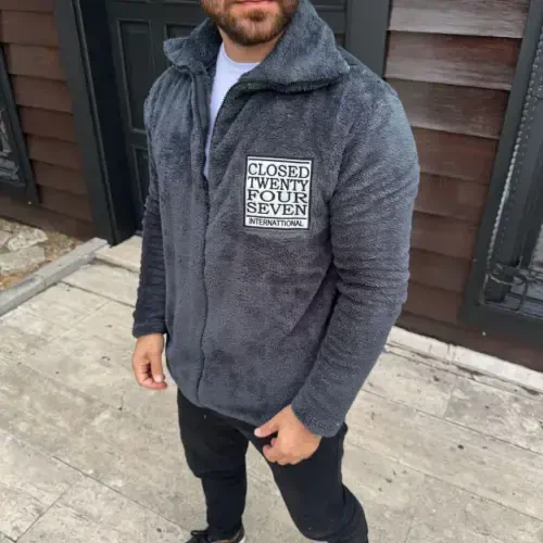 Erkak Polar Fermuarlı Sweatshirt – Kapüşonsiz, Cho'ntakli, Yumshoq To'qimali, Katta O'lchamli Qulay Qolib, Qishki Issiq Saqlaydigan Fermuarlı Ust - Tutun Rangi - 4