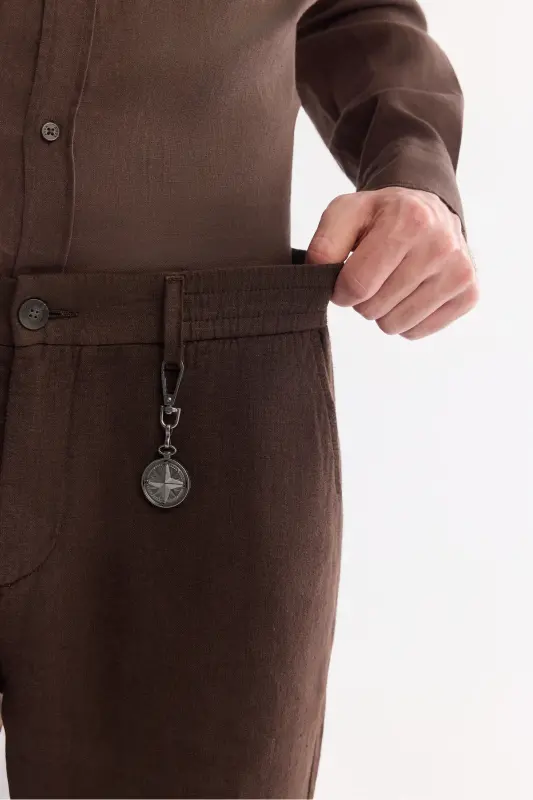 Erkak qahva Relaxed Fit beli lastikli %100 zig'ir P - 5