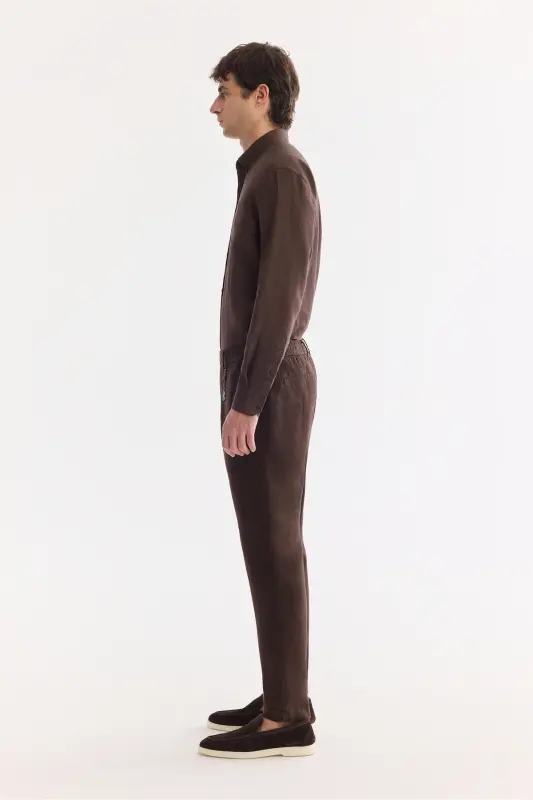 Erkak qahva Relaxed Fit beli lastikli %100 zig'ir P - 7