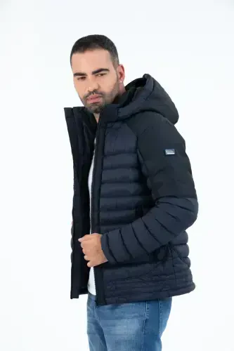 Erkak Qisqa Yechiladigan Kapushonli To'ldirilgan Suv o'tkazmaydigan Klassik Shishirilgan Kurtka 9710-LACİVERT - G-FOX (1)