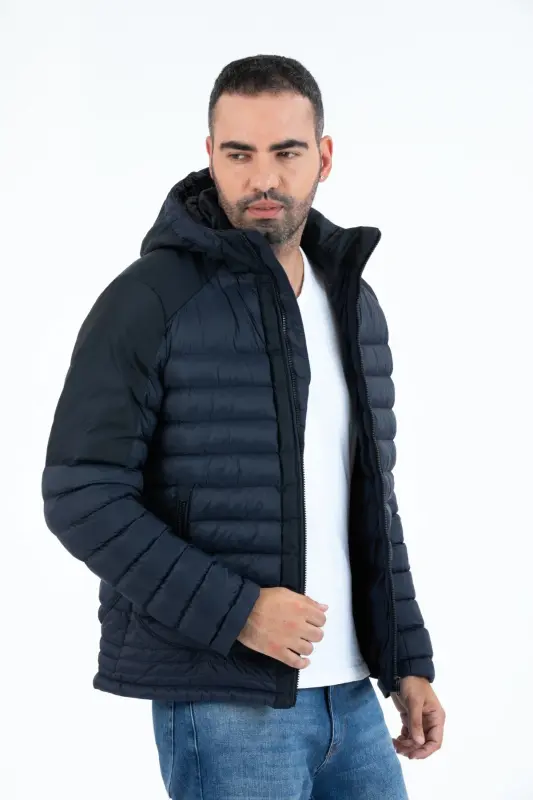 Erkak Qisqa Yechiladigan Kapushonli To'ldirilgan Suv o'tkazmaydigan Klassik Shishirilgan Kurtka 9710-LACİVERT - 7