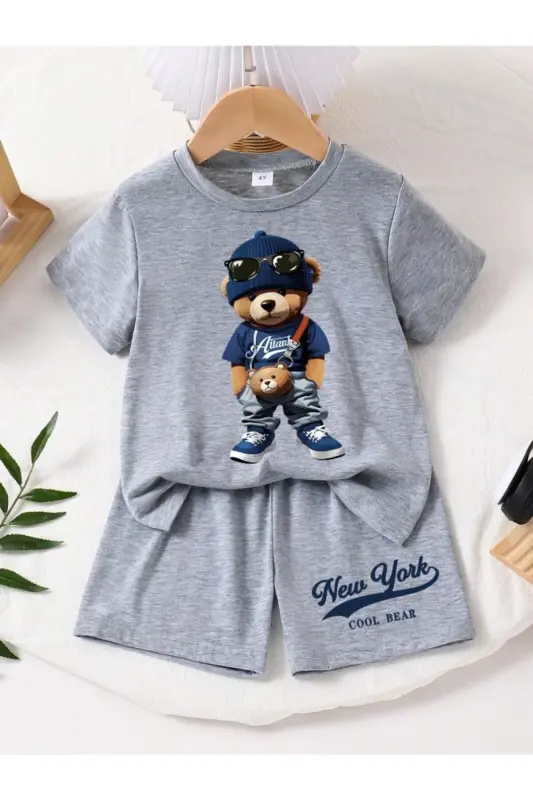 Erkak-qiz bola Nyu-York Cool Bear bosma naqshli penye short futbolka to'plami - kulrang - MORNİNG KİDS