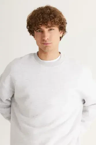 Erkak Qor Melanj Oversize Fit Keng Kesimli Paxtali Ichki Polarlı 3 Ip Bisiklet Yaka Sviter-QOR MELANJ - MODAZONE (1)