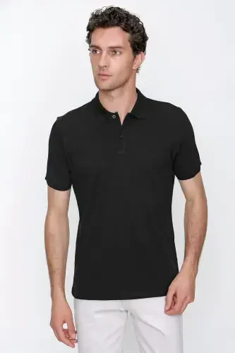 Erkak Qora Asosiy Tekis 100% Paxta Slim Fit Tor Kesimli Qisqa Yengli Polo Yoqali Futbolka - 2