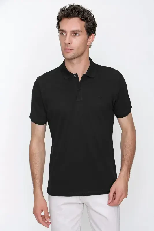 Erkak Qora Asosiy Tekis 100% Paxta Slim Fit Tor Kesimli Qisqa Yengli Polo Yoqali Futbolka - 2