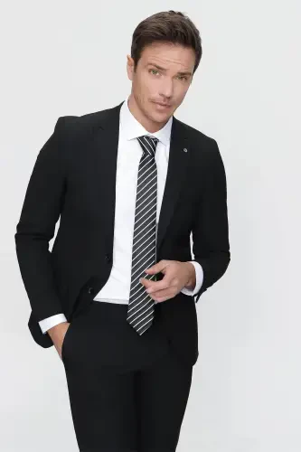 Erkak Qora Asosiy Tekis Slim Fit Tor Kesimli 6 Drop Kostyum - 3