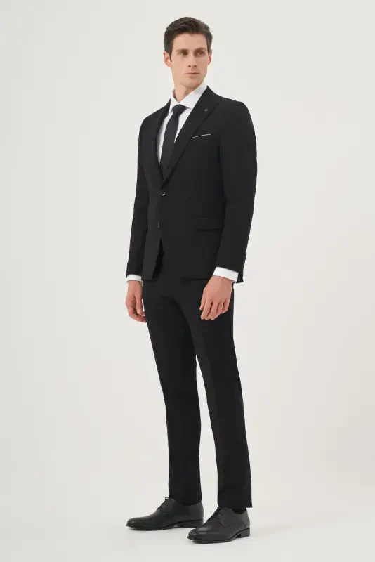 Erkak Qora Asosiy Tekis Slim Fit Tor Kesimli 6 Drop Kostyum - 4