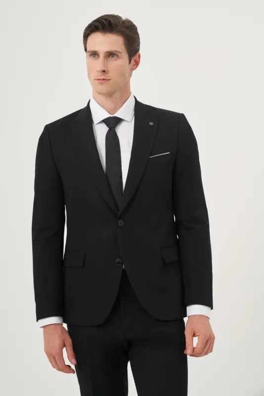 Erkak Qora Asosiy Tekis Slim Fit Tor Kesimli 6 Drop Kostyum - 1