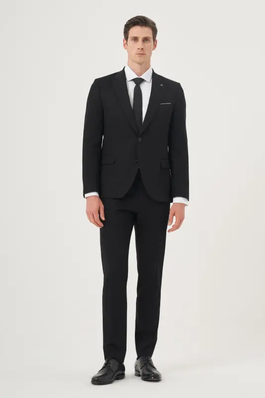 Erkak Qora Asosiy Tekis Slim Fit Tor Kesimli 6 Drop Kostyum - 2
