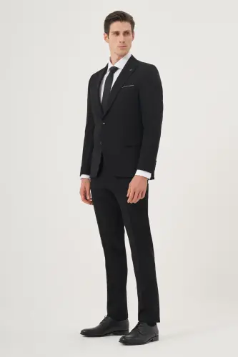 Erkak Qora Asosiy Tekis Slim Fit Tor Kesimli 6 Drop Kostyum - 4
