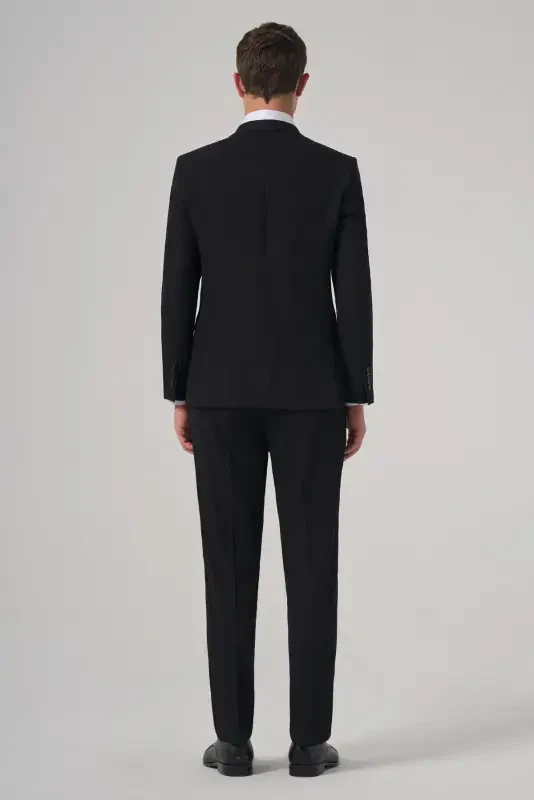 Erkak Qora Basic Tekis Slim Fit Tor Kesimli Ikki Yirtigli Kostyum - 5