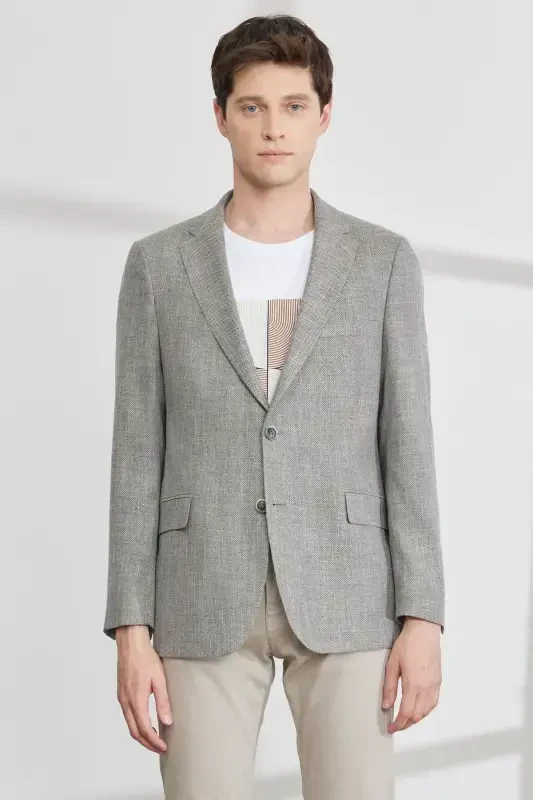 Erkak Qora-bej Comfort Fit Qulay Kesimli Mono Yoqali Naqshli Blazer Kurtka-Qora - 1