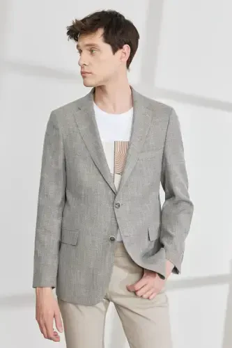 Erkak Qora-bej Comfort Fit Qulay Kesimli Mono Yoqali Naqshli Blazer Kurtka-Qora - 6