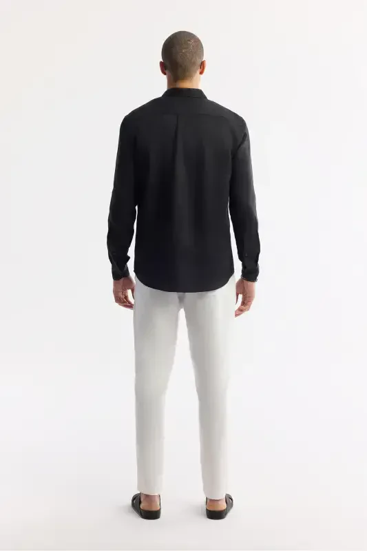 Erkak Qora Comfort Fit 100% Zig'ir Tugmali Yoqali Ko'ylak B002191-Qora - 4