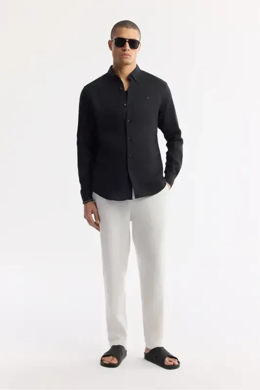 Erkak Qora Comfort Fit 100% Zig'ir Tugmali Yoqali Ko'ylak B002191-Qora - 5