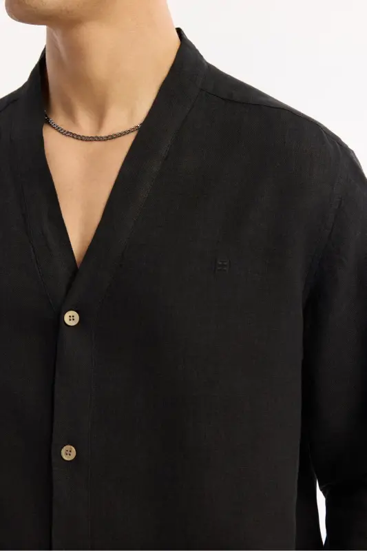 Erkak qora Comfort Fit V yoqali 100% zig'ir uzun qisma - 3