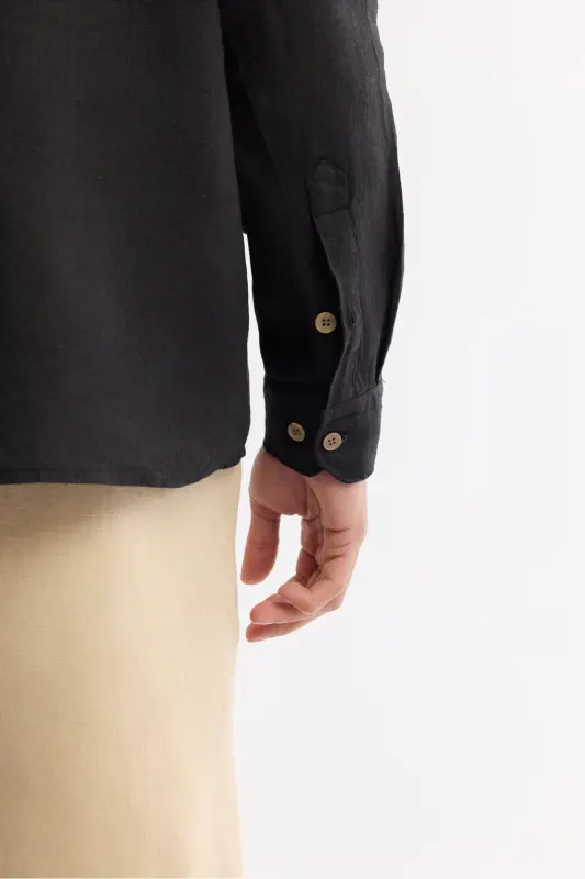 Erkak qora Comfort Fit V yoqali 100% zig'ir uzun qisma - 7