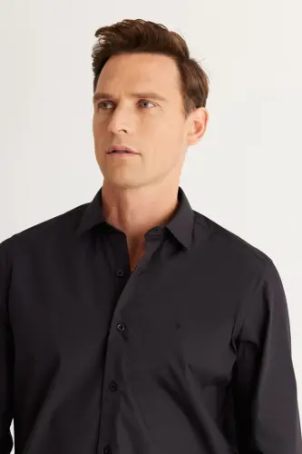 Erkak Qora Dazmollash Oson Non-Iron Slim Fit Tor Kesimli Klassik Yoqali Paxtali Ko'ylak - Qora - 3