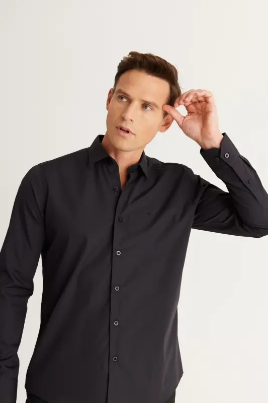 Erkak Qora Dazmollash Oson Non-Iron Slim Fit Tor Kesimli Klassik Yoqali Paxtali Ko'ylak - Qora - 5