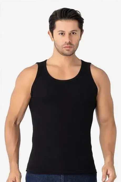 Erkak qora fitilli atlet paxtalik likrali kashkorsali halter yaka slim fit atlet - 1