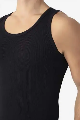 Erkak qora fitilli atlet paxtalik likrali kashkorsali halter yaka slim fit atlet - 2