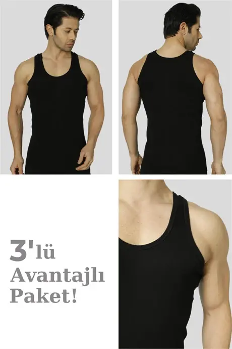 Erkak qora fitilli kashkors atlet 3'li paket likrali - BÜYÜKBEDENIZ