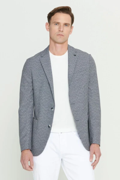 Erkak Qora-Oq Slim Fit Tor Kesimli Mono Yoqali Naqsh - ALTINYILDIZ CLASSICS