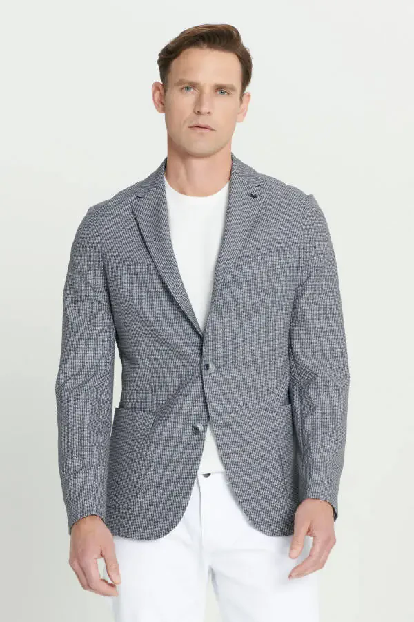 Erkak Qora-Oq Slim Fit Tor Kesimli Mono Yoqali Naqsh - 3